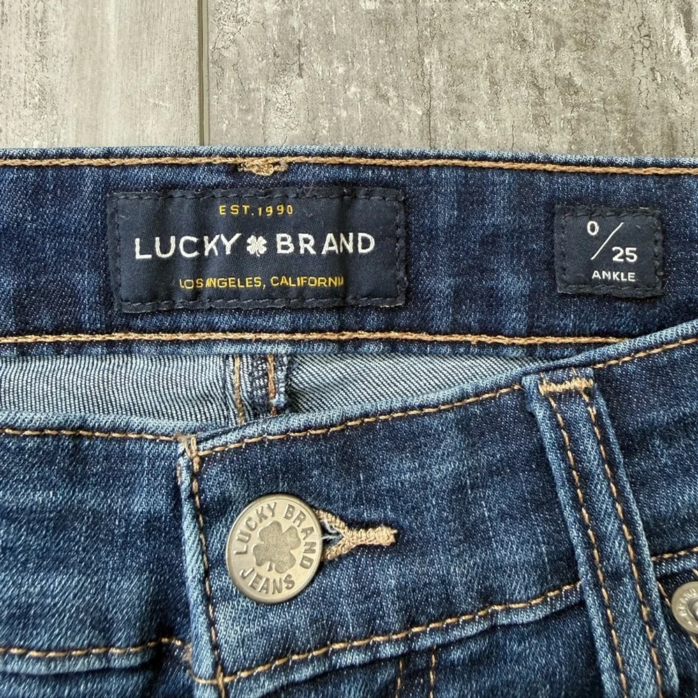 Lucky Brand Bridgette Mid Rise Skinny Jeans Raw Hem Blue Denim 0/25 Ankle - Picture 2 of 9